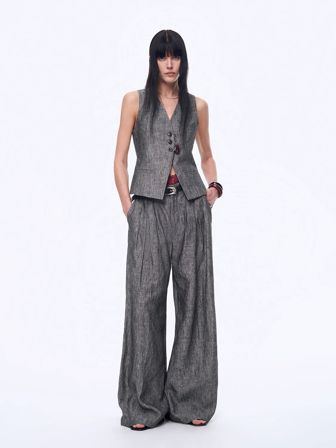Fireladyfur Women's Linen Suit Set: Draped Vest & High-Waist Straight Trousers"Old Money Space"-0