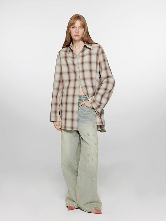 "Tea Grid" high-quality high-count cotton loose retro plaid shirt-0