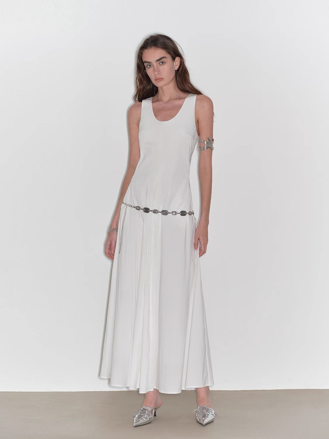 "Lake Bled" Simple and slim texture U-neck A-line slim fit vest dress-0