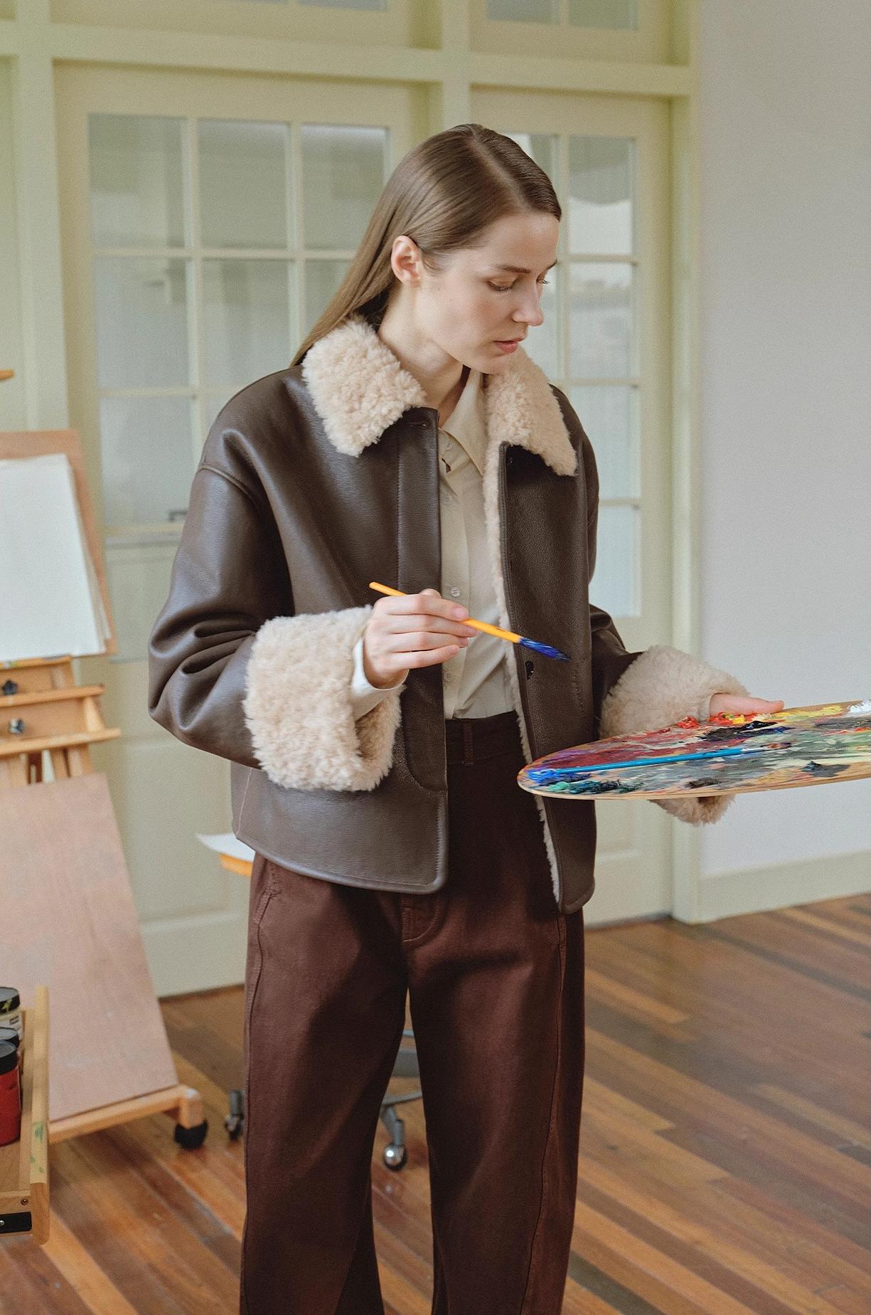 Slightly Sweet Latte Second Generation Furry Lapel Casual Straight Shorn Shearling Jacket-2