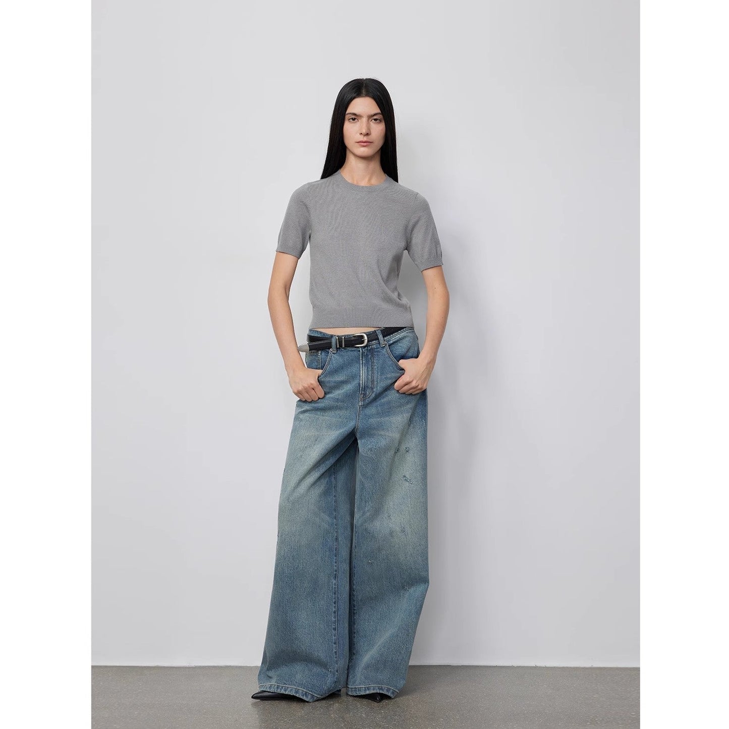 "90 Street" Retro Washed Distressed Straight Leg Wide Leg Low Crotch Jeans Women's Loose Pants-0