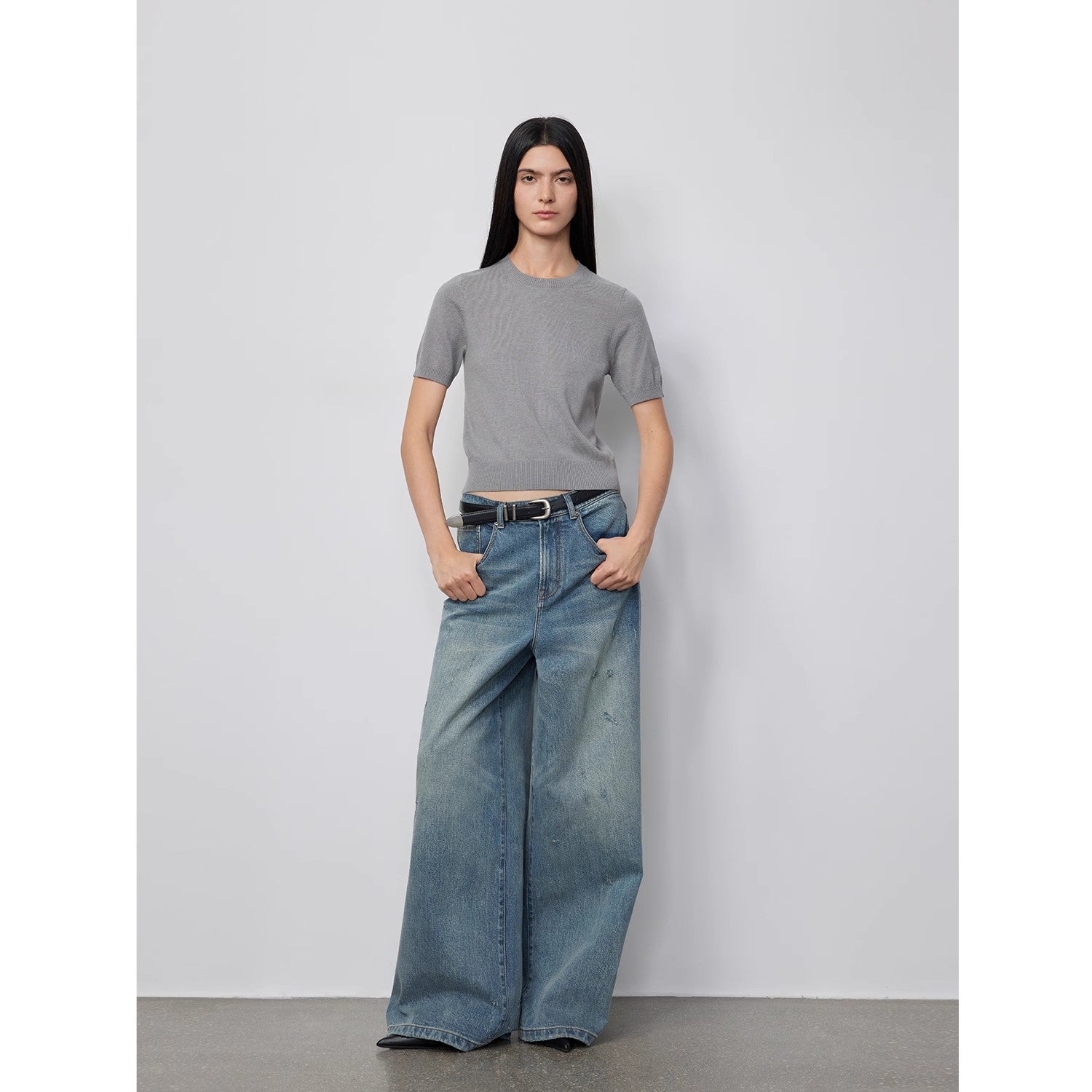 "90 Street" Retro Washed Distressed Straight Leg Wide Leg Low Crotch Jeans Women's Loose Pants-0