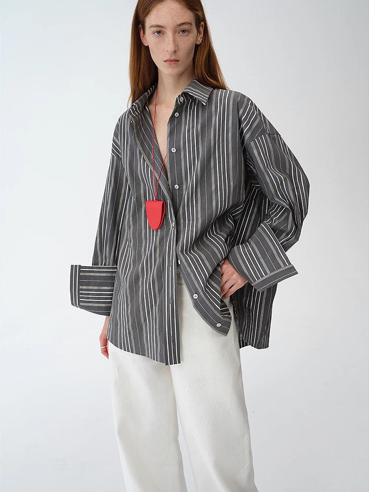 "Striped Fantasy" Casual Asymmetric Slanted Front Two-Wear Striped Long Sleeve Shirt-3