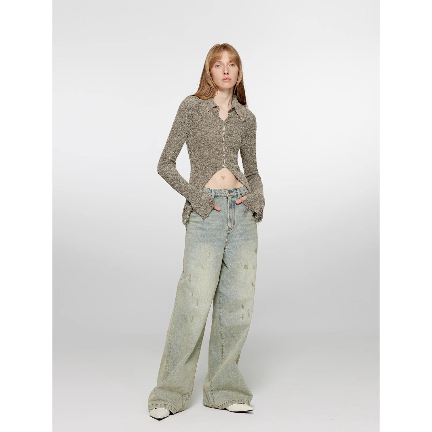 "90 Street" Retro Washed Distressed Straight Leg Wide Leg Low Crotch Jeans Women's Loose Pants-4