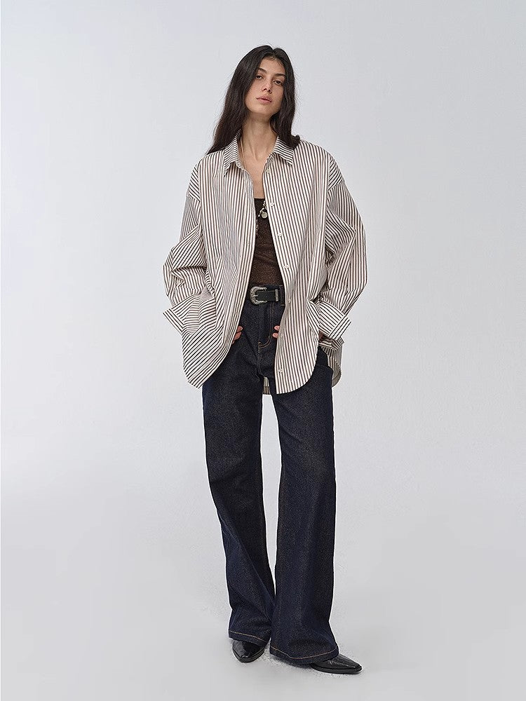 "Striped Fantasy" Casual Asymmetric Slanted Front Two-Wear Striped Long Sleeve Shirt-4