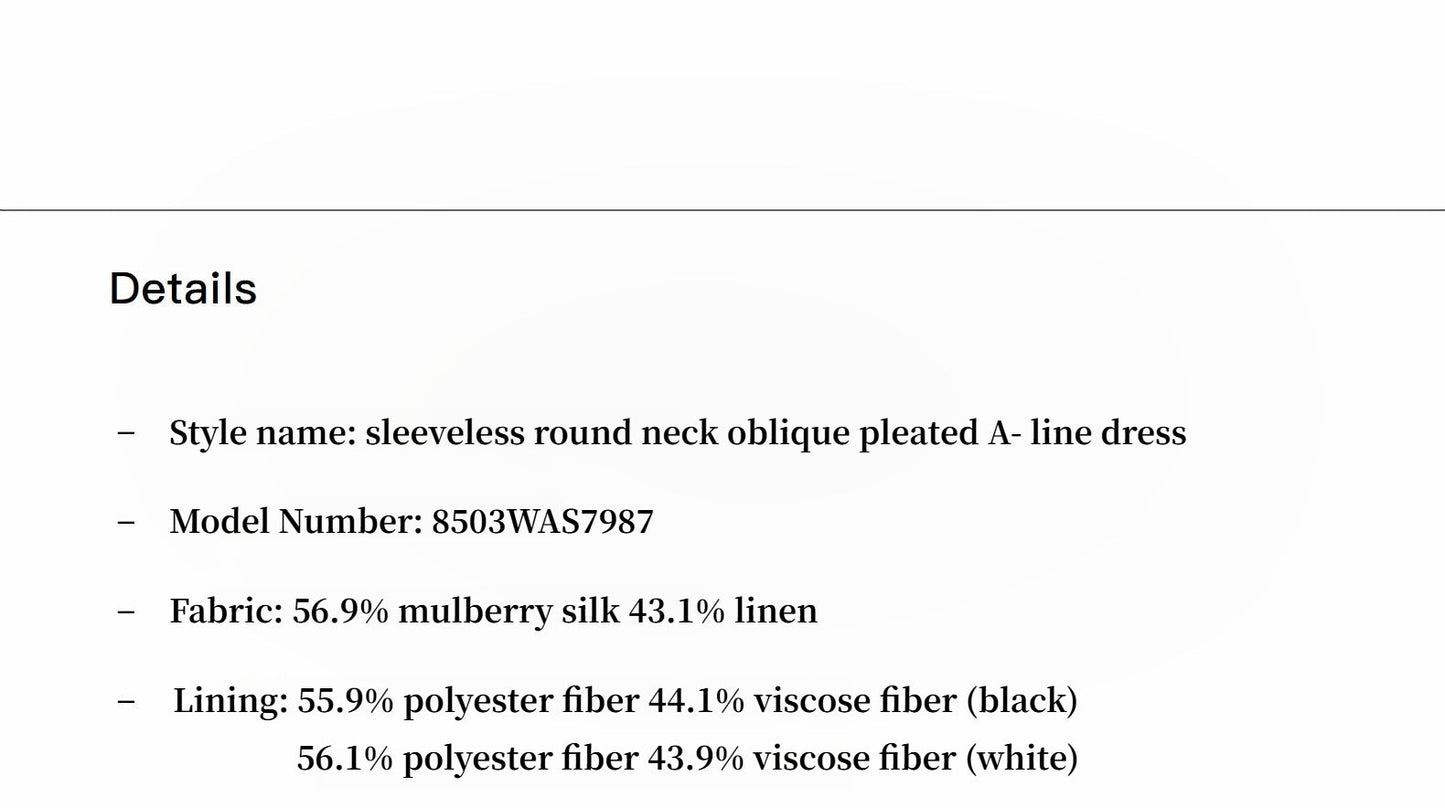 Mulberry silk sleeveless round neck oblique pleated A-line white dress-3