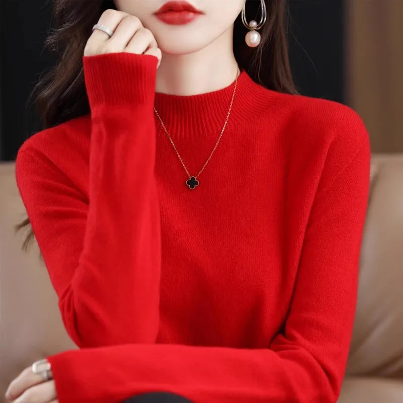 Autumn & Winter Women Sweater - Warm Bottoming Shirts Half High Collar Basic Knitwear Solid Long Sleeve Pullovers