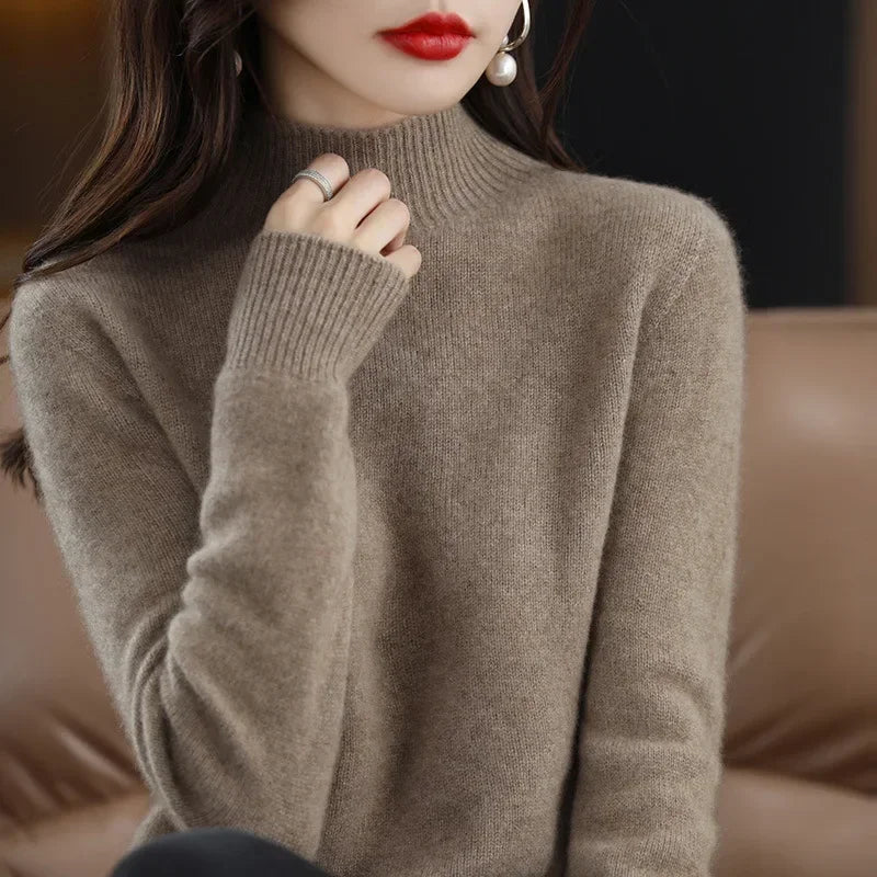 Autumn & Winter Women Sweater - Warm Bottoming Shirts Half High Collar Basic Knitwear Solid Long Sleeve Pullovers