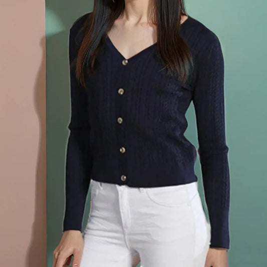 Plus Size Women's Button Down Long  Sleeve V-Neck Stretch Knit Cardigan