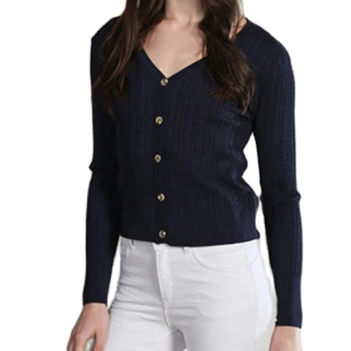 Plus Size Women's Button Down Long Sleeve V-Neck Stretch Knit Cardigan