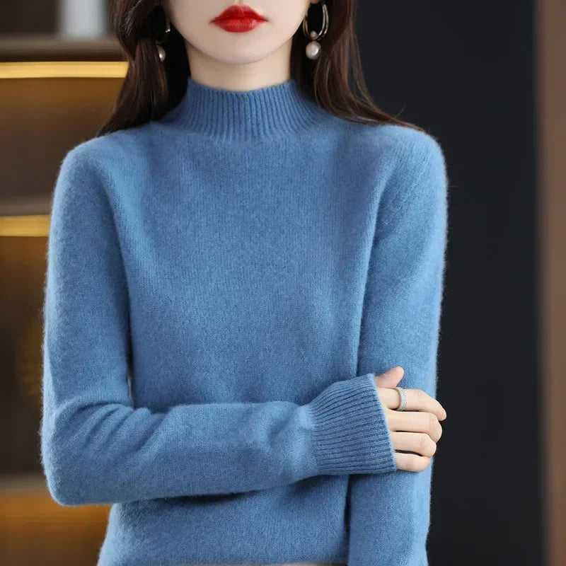 Autumn & Winter Women Sweater - Warm Bottoming Shirts Half High Collar Basic Knitwear Solid Long Sleeve Pullovers