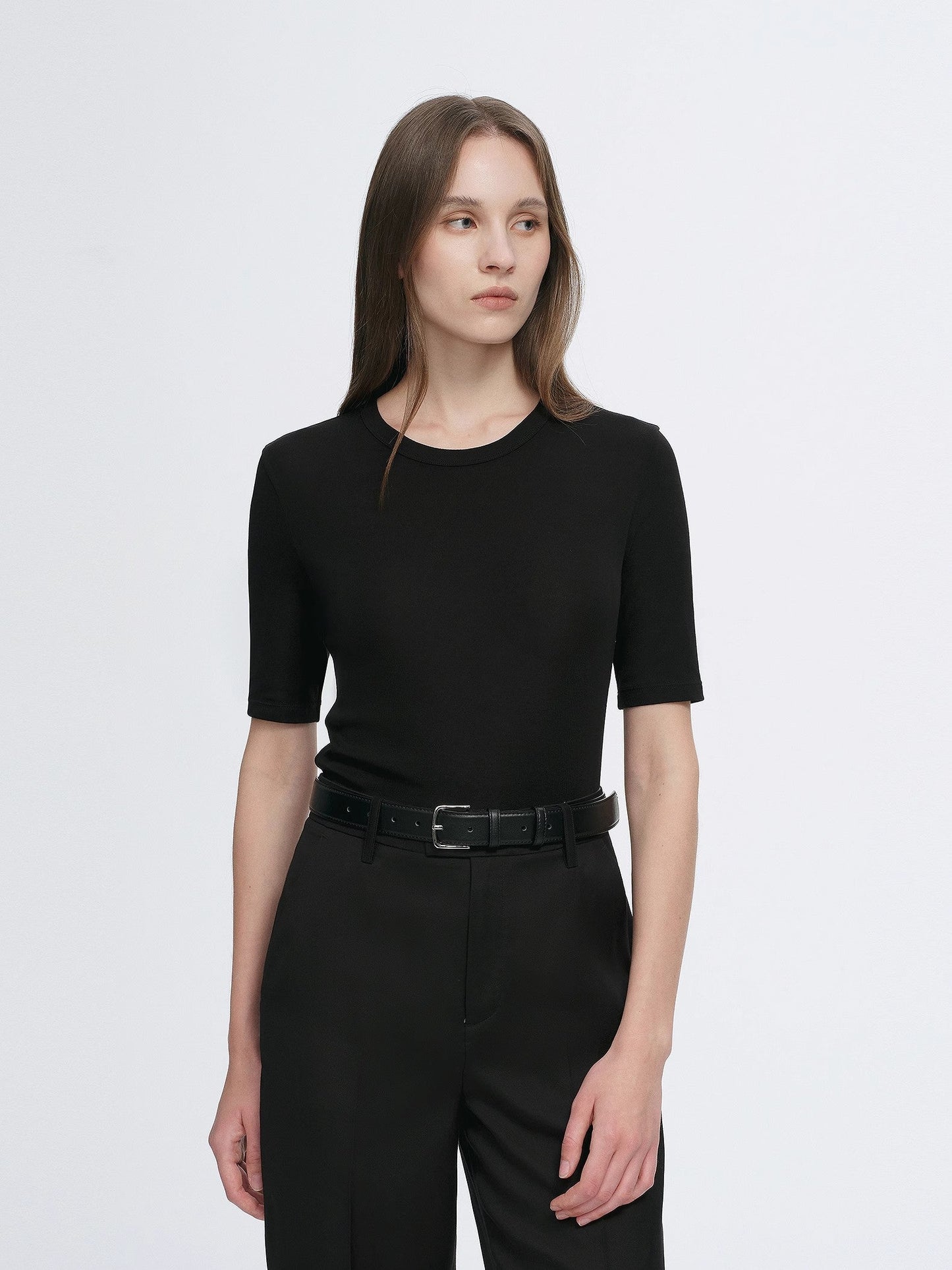 Fitted waist slimming round neck Tencel cashmere versatile short-sleeved T-shirt