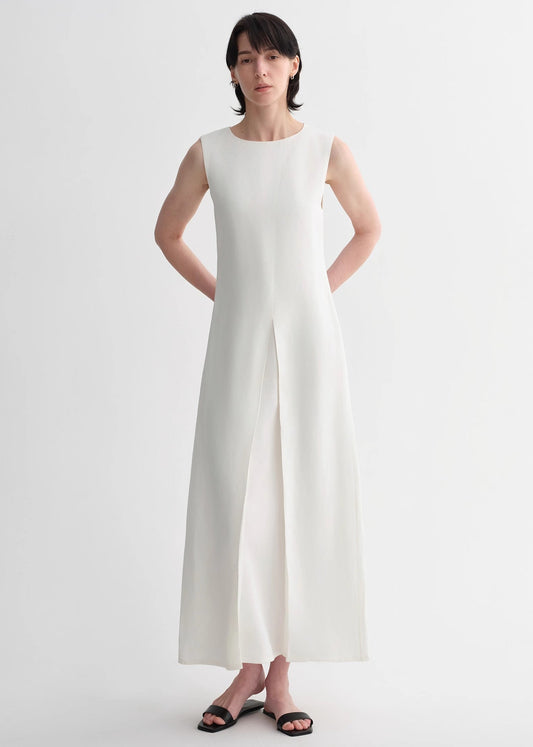 Mulberry silk sleeveless round neck oblique pleated A-line white dress-0