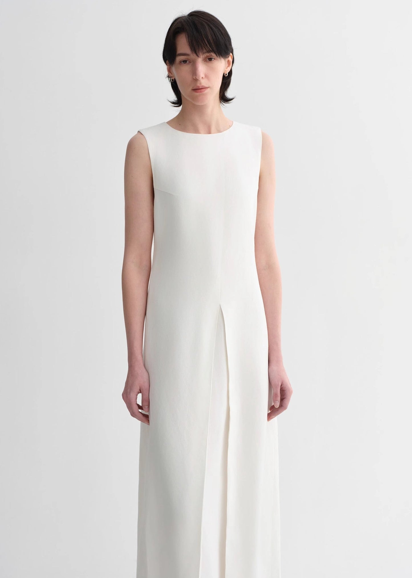 Mulberry silk sleeveless round neck oblique pleated A-line white dress-1