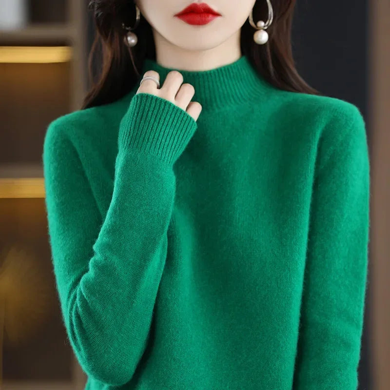 Autumn & Winter Women Sweater - Warm Bottoming Shirts Half High Collar Basic Knitwear Solid Long Sleeve Pullovers