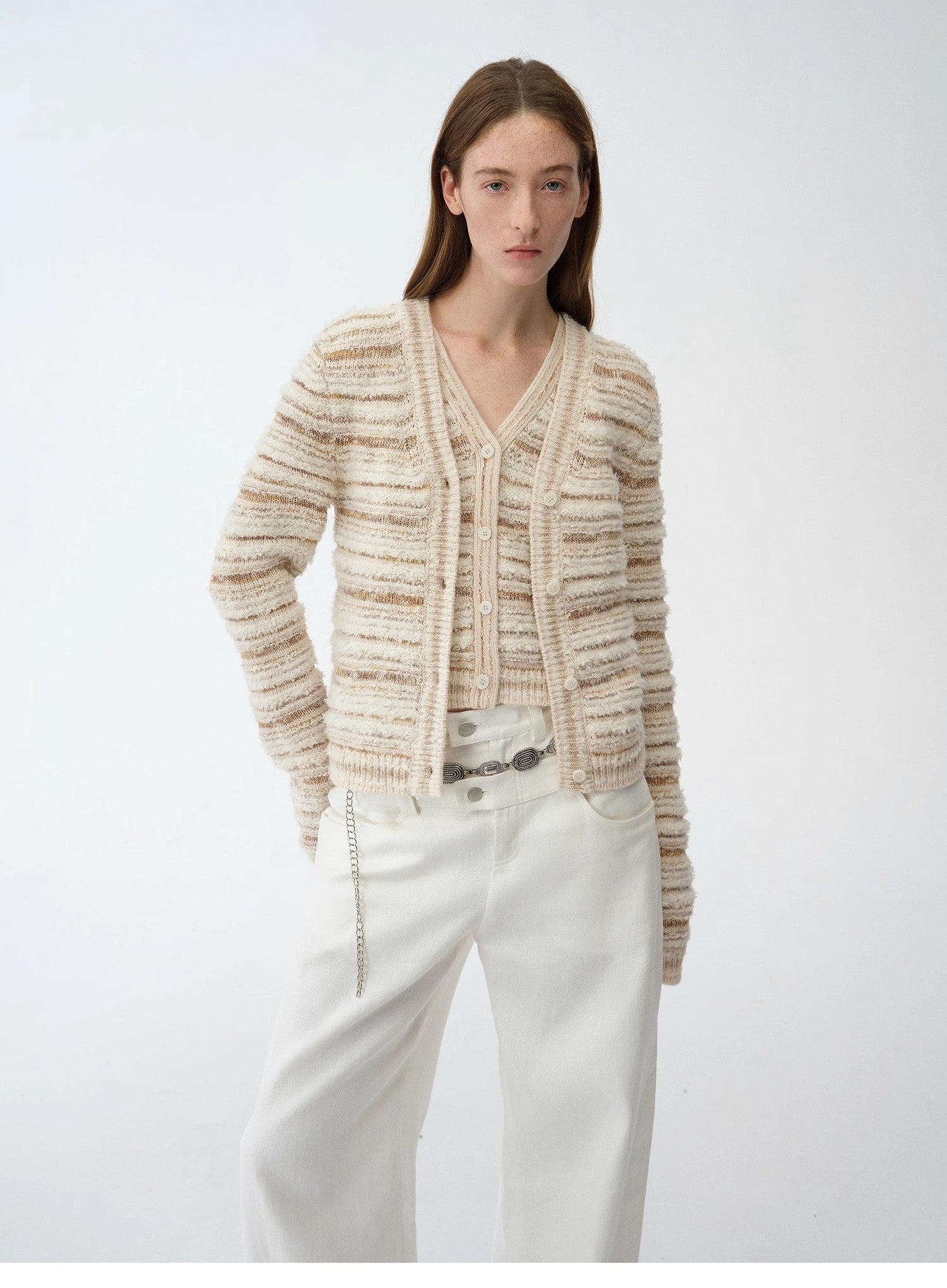 "Nice Weekend" striped mixed woven V-neck early spring layered knitted cardigan top/vest