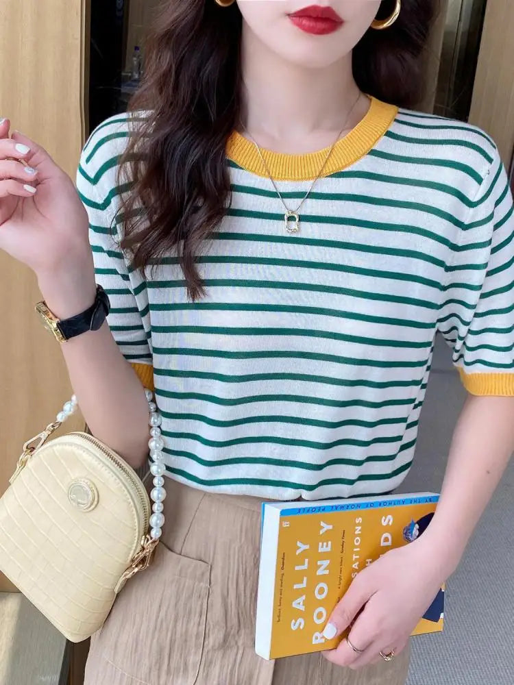 Stripe Tops Women Knitted Round Collar Summer T-Shirt