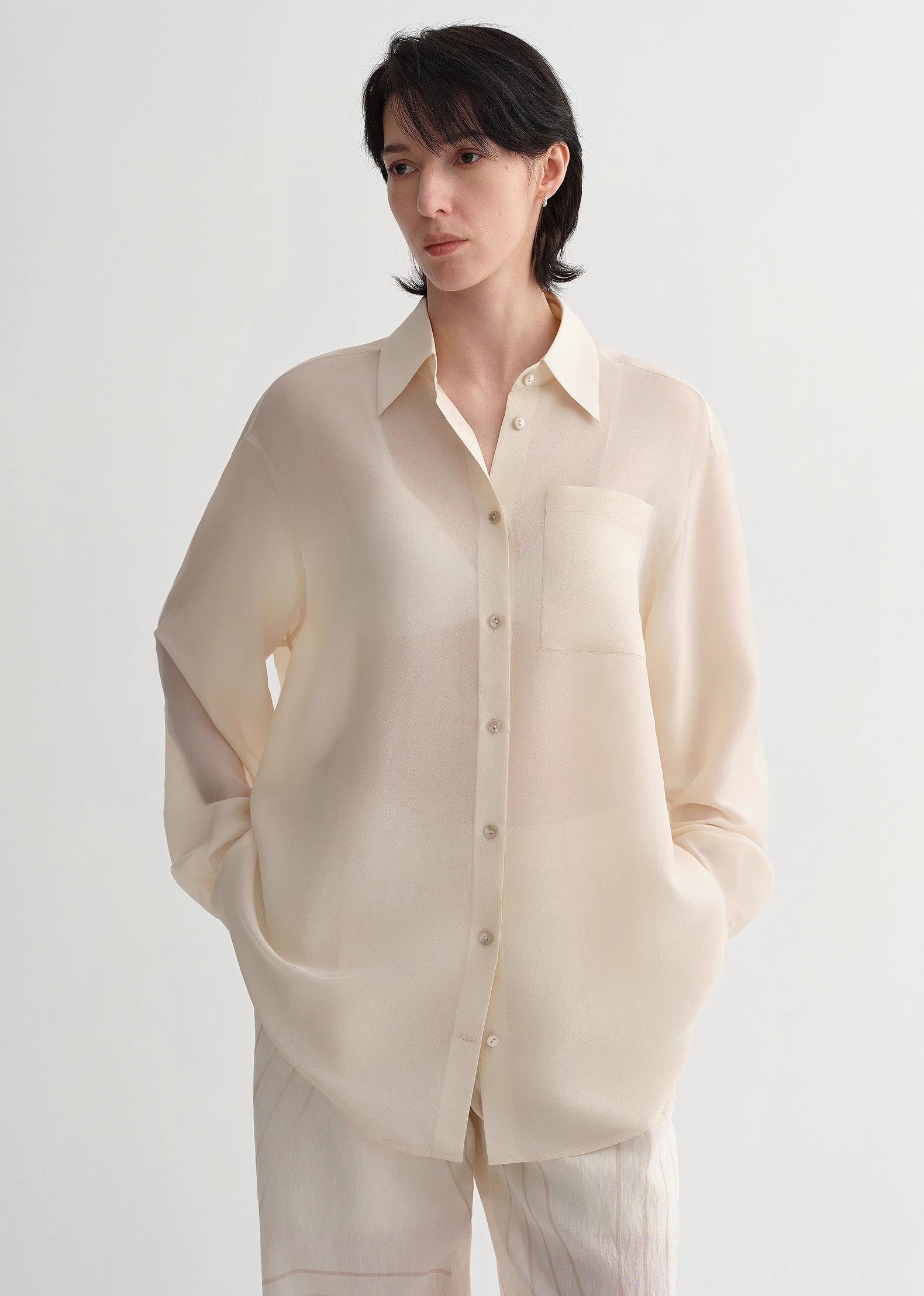 Classic silhouette mulberry silk acetate transparent smooth and loose multi-color spring and summer shirt for women-2