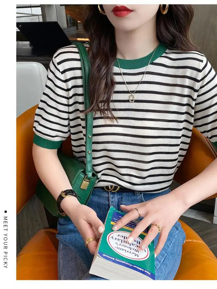 Stripe Tops Women Knitted Round Collar Summer T-Shirt