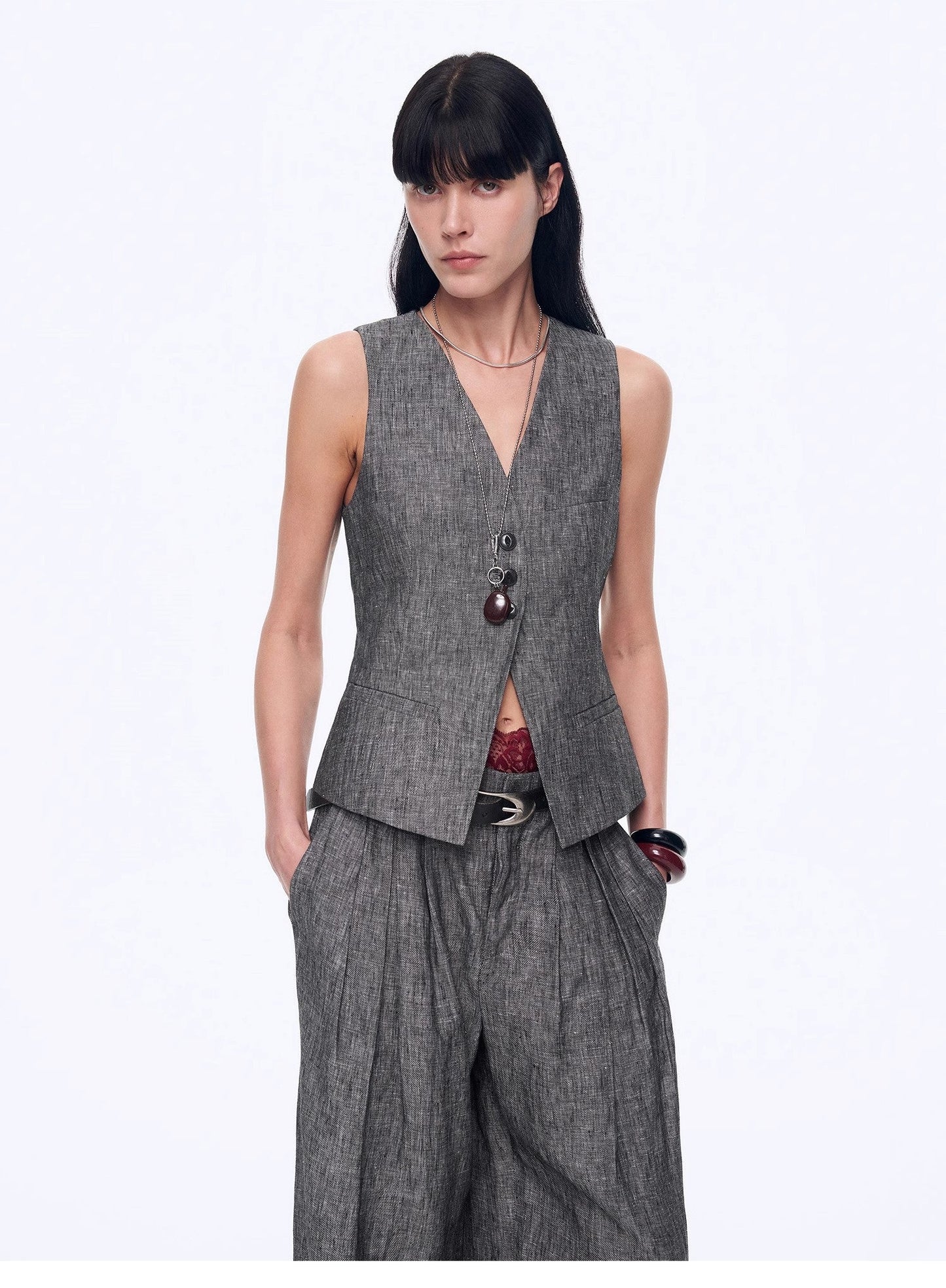 Fireladyfur Women's Linen Suit Set: Draped Vest & High-Waist Straight Trousers"Old Money Space"-7