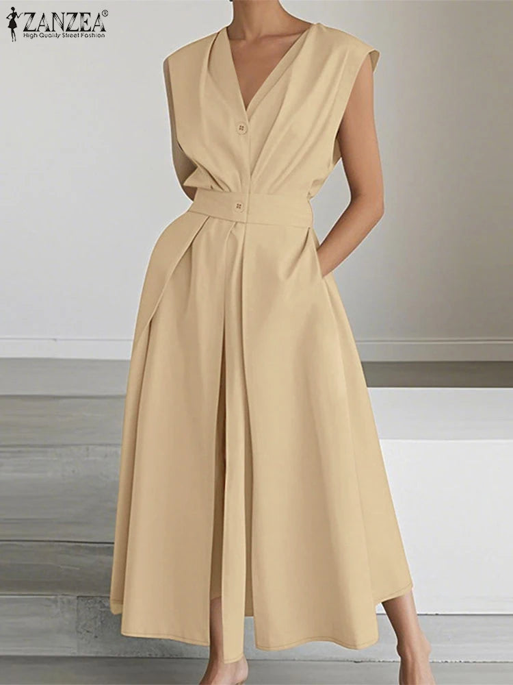 ZANZEA Women Fashion Maxi Dresses Solid Color Streetwear S-3XL