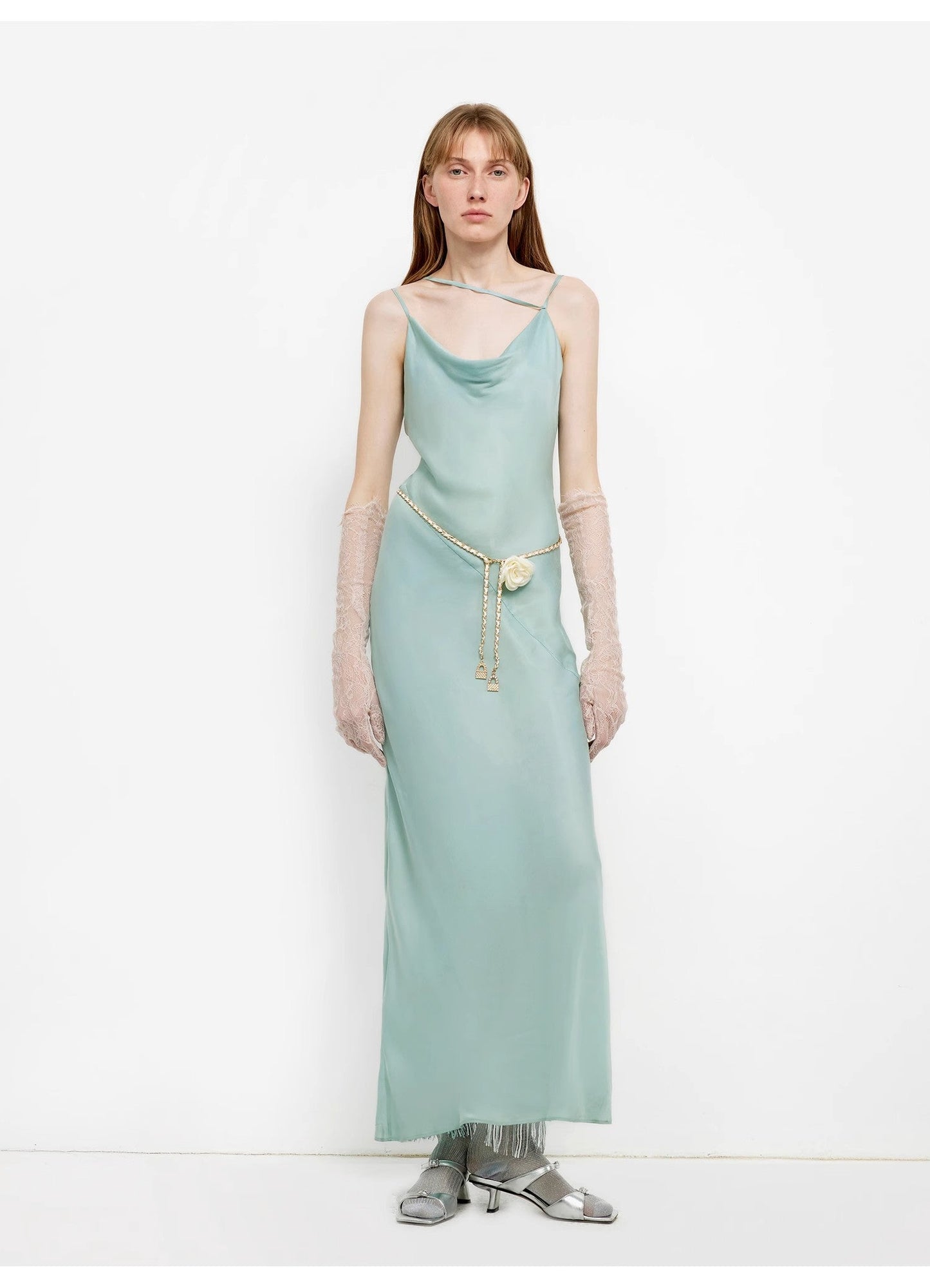 "Island Riddle" Glossy copper-ammonia silk satin light luxury swing collar slim fishtail suspender dress