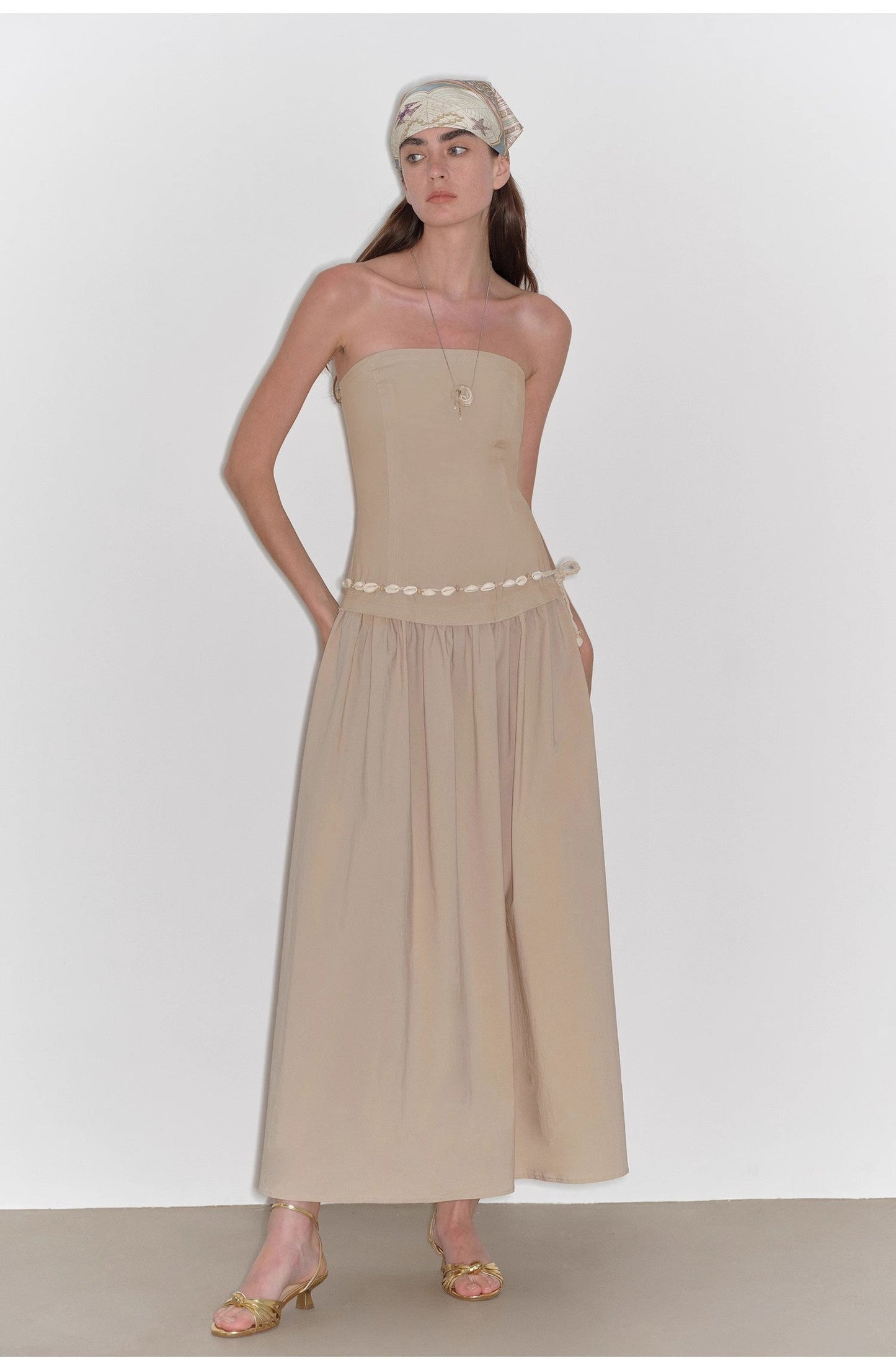 "Summer Formula" Retro and elegant bust-wrapped, long-waisted, slim-fitting, large A-hem mid-length dress-1