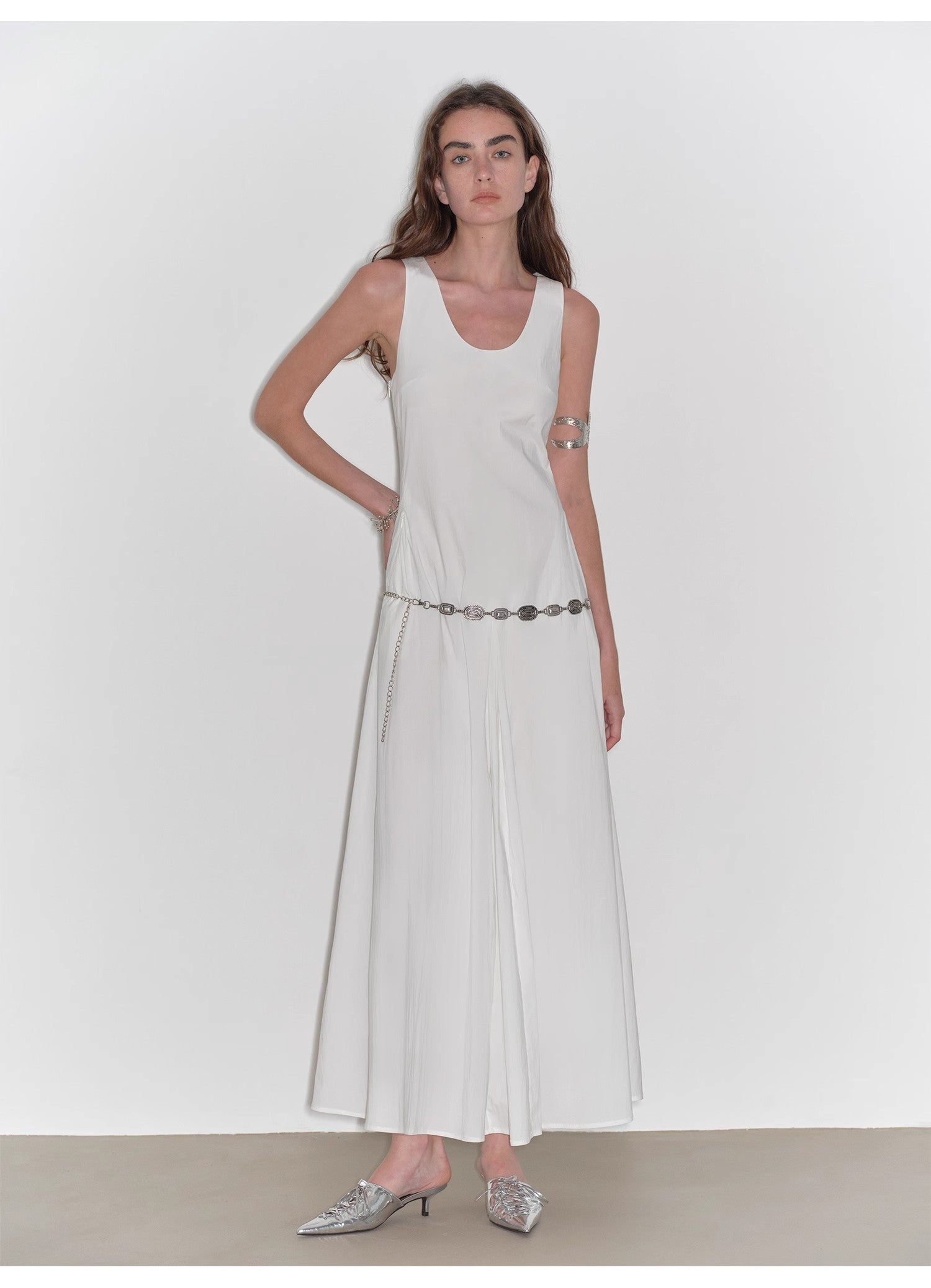 "Lake Bled" Simple and slim texture U-neck A-line slim fit vest dress-4