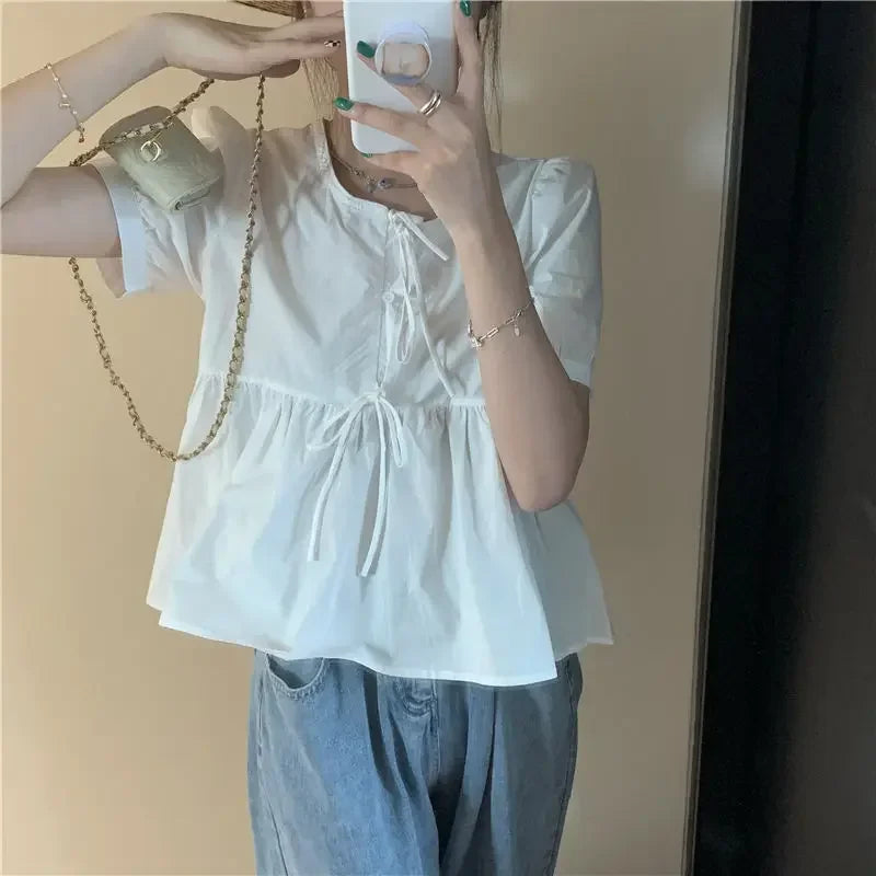 Ruffles Shirts and Blouses.  Short Sleeve Top Women. Summer Lace-up Sweet Blouses Cute Elegant Solid Sweet Folds Clothes