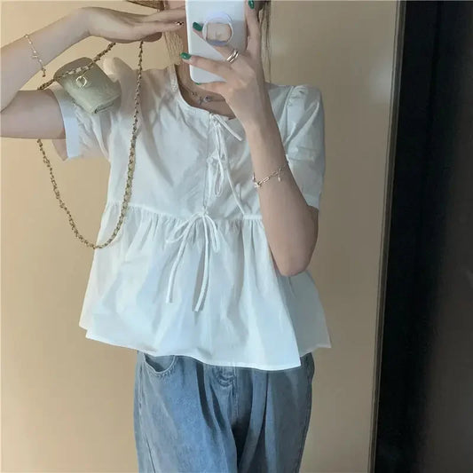 Ruffles Shirts and Blouses.  Short Sleeve Top Women. Summer Lace-up Sweet Blouses Cute Elegant Solid Sweet Folds Clothes