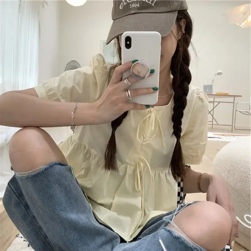 Ruffles Shirts and Blouses.  Short Sleeve Top Women. Summer Lace-up Sweet Blouses Cute Elegant Solid Sweet Folds Clothes
