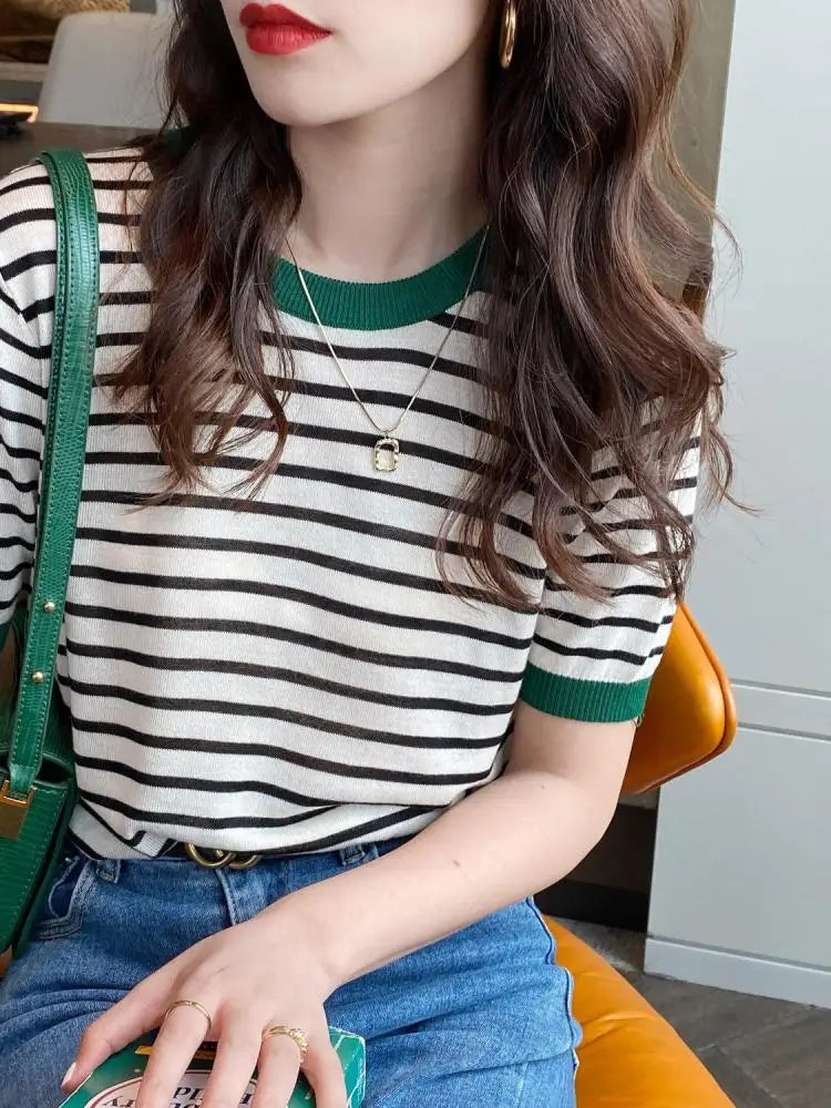 Stripe Tops Women Knitted Round Collar Summer T-Shirt