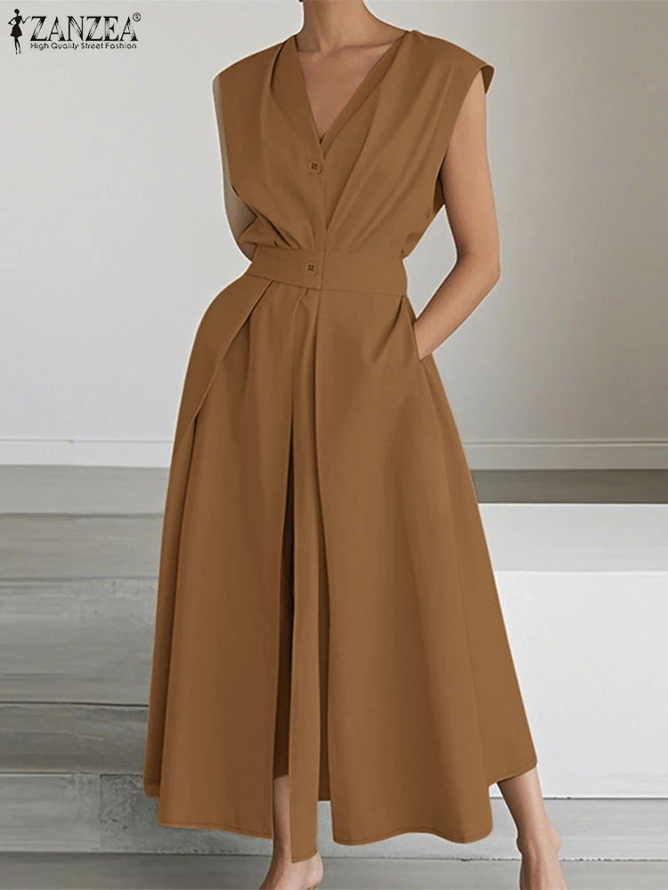 ZANZEA Women Fashion Maxi Dresses Solid Color Streetwear S-3XL