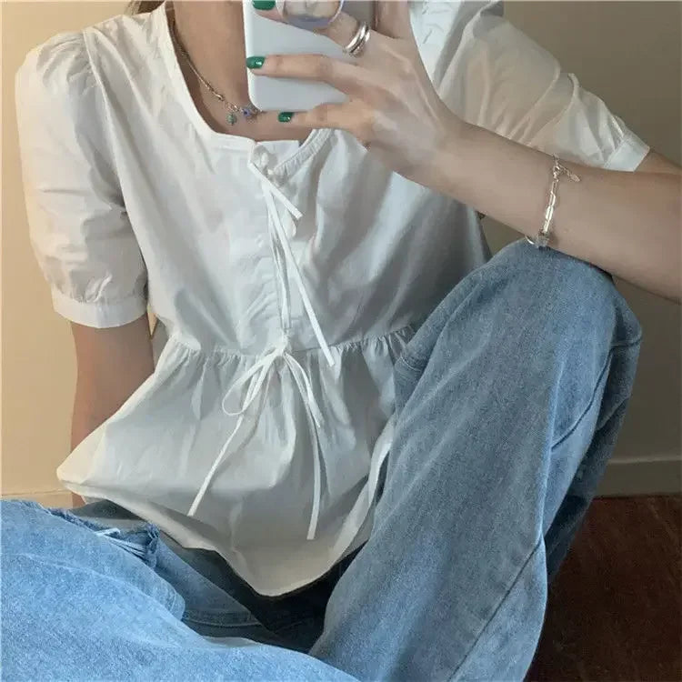 Ruffles Shirts and Blouses.  Short Sleeve Top Women. Summer Lace-up Sweet Blouses Cute Elegant Solid Sweet Folds Clothes