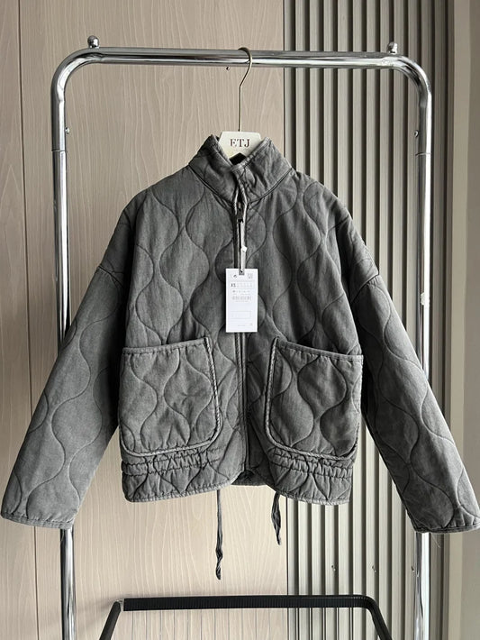 ZW Women's Cotton Jacket - New Arrival Vintage Lenzing Rayon High Collar Large Pocket Decorative Quilted Coat for Women