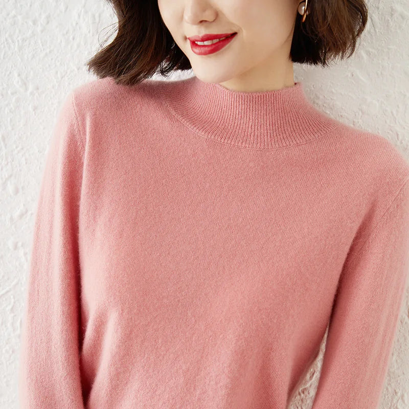 Autumn & Winter Women Sweater - Warm Bottoming Shirts Half High Collar Basic Knitwear Solid Long Sleeve Pullovers