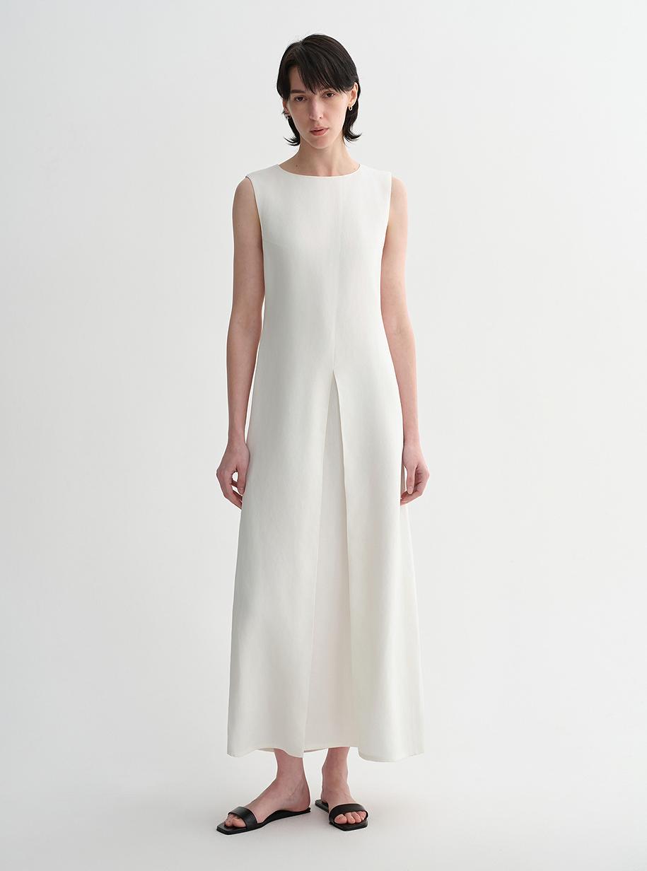 Mulberry silk sleeveless round neck oblique pleated A-line white dress-4
