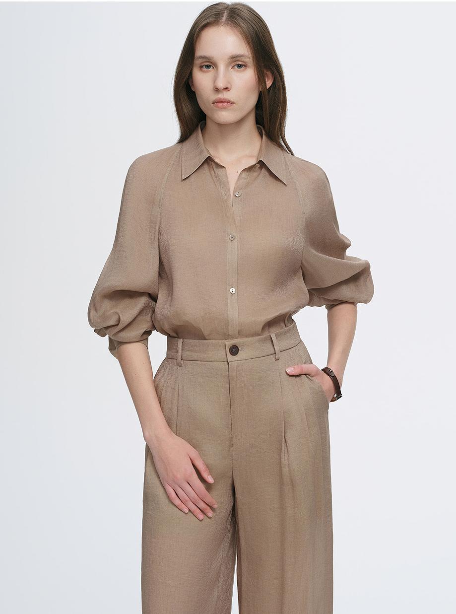 Breathable mulberry silk linen long-sleeved shirt and trousers set-0
