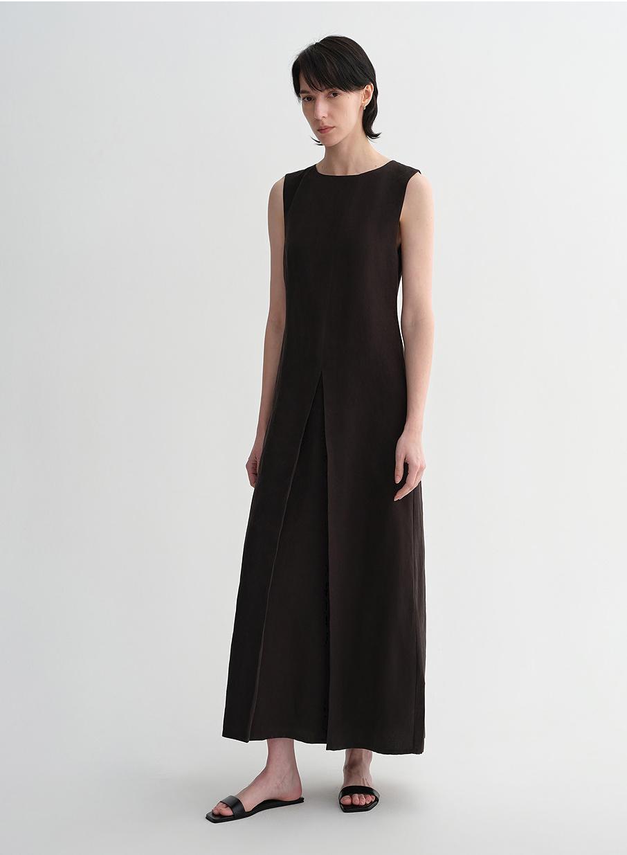 Mulberry silk sleeveless round neck oblique pleated A-line white dress-5