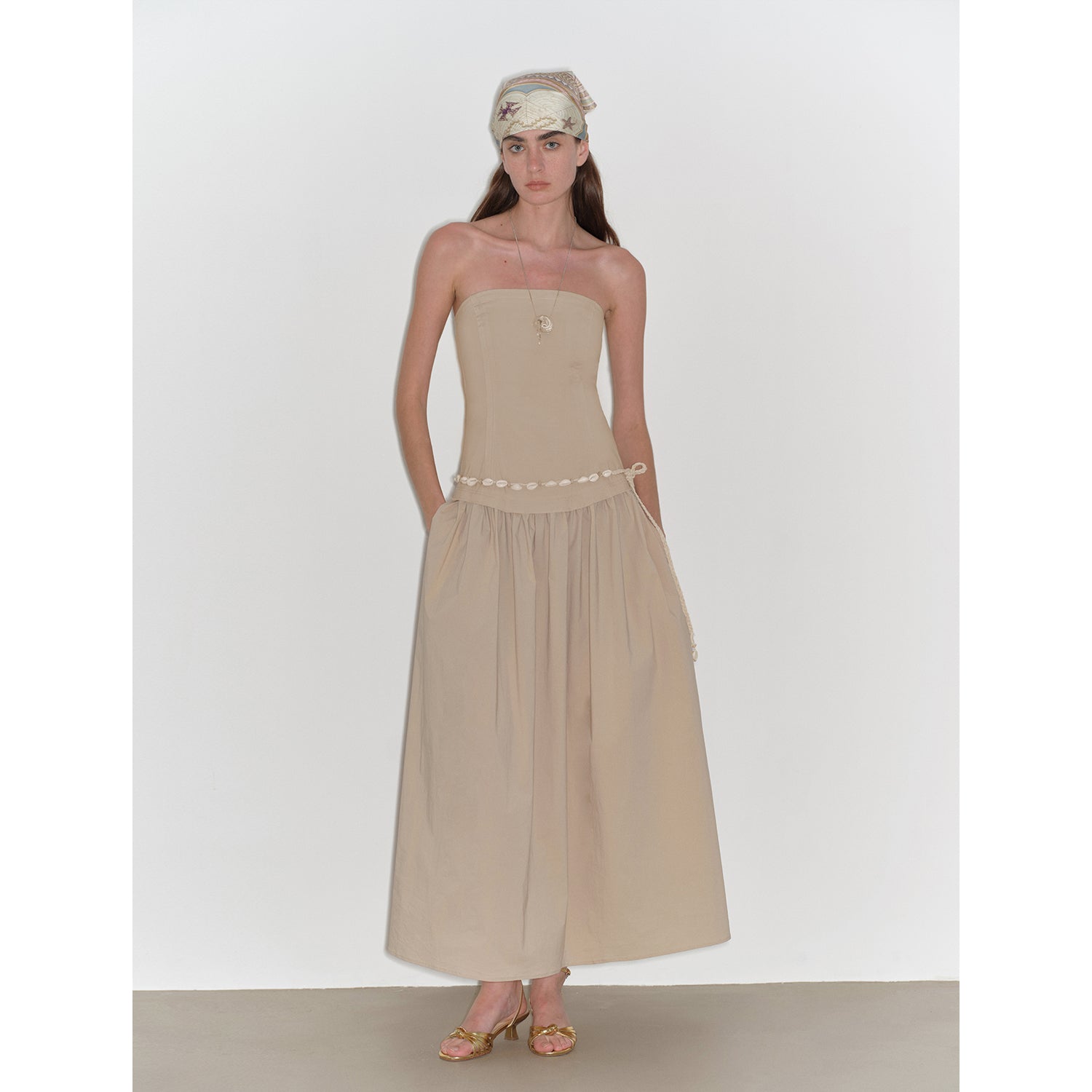 "Summer Formula" Retro and elegant bust-wrapped, long-waisted, slim-fitting, large A-hem mid-length dress-4