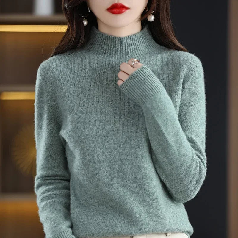 Autumn & Winter Women Sweater - Warm Bottoming Shirts Half High Collar Basic Knitwear Solid Long Sleeve Pullovers