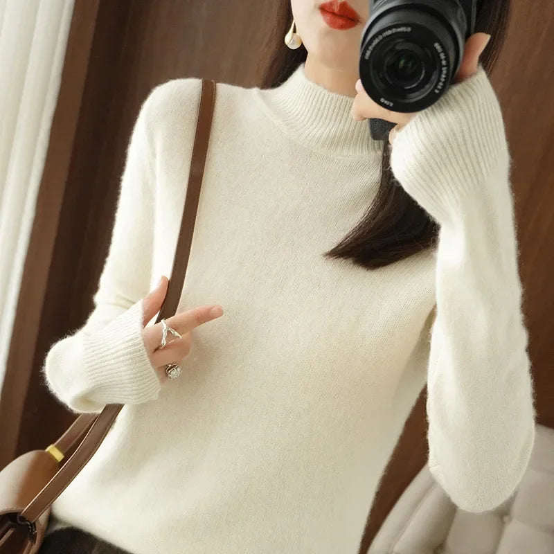 Autumn & Winter Women Sweater - Warm Bottoming Shirts Half High Collar Basic Knitwear Solid Long Sleeve Pullovers