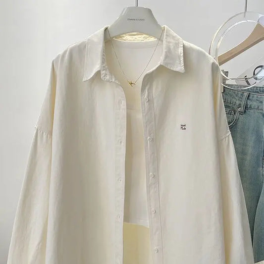 Ladies Long Sleeve Letter Embroidered Elegant Chic Woman Shirt