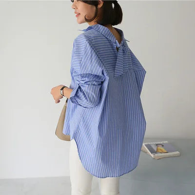 New Fashion Striped Style Women's Loose Long Sleeve Turn-down Collar Single-breasted Shirts