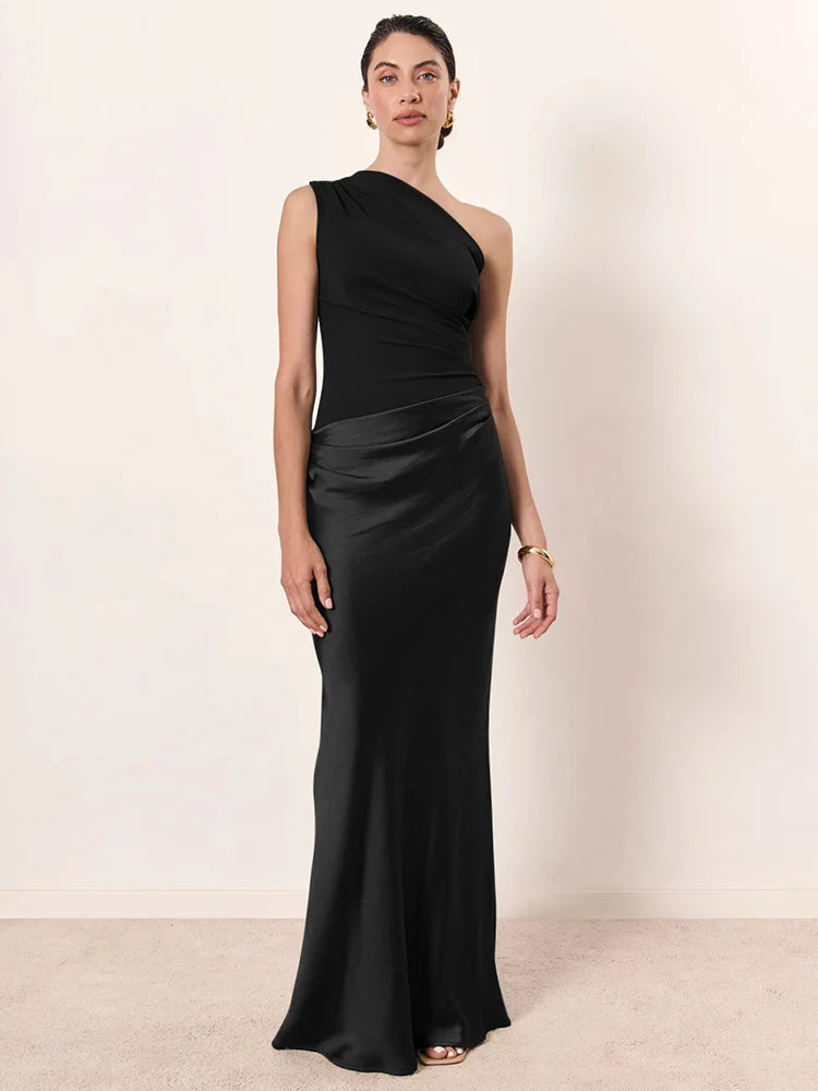 Mozision Satin Inclined Shoulder Maxi Dress Women