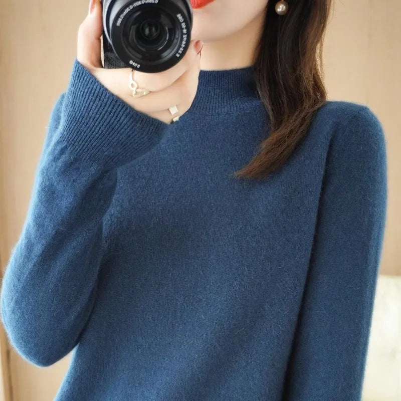 Autumn & Winter Women Sweater - Warm Bottoming Shirts Half High Collar Basic Knitwear Solid Long Sleeve Pullovers