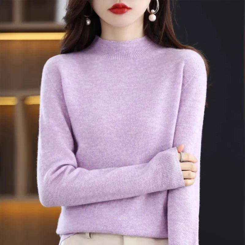 Autumn & Winter Women Sweater - Warm Bottoming Shirts Half High Collar Basic Knitwear Solid Long Sleeve Pullovers