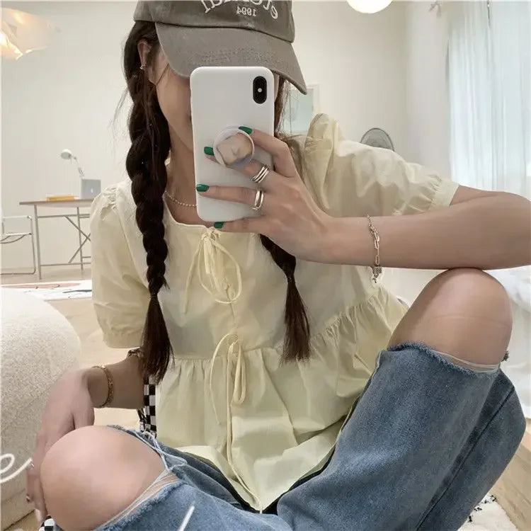 Ruffles Shirts and Blouses.  Short Sleeve Top Women. Summer Lace-up Sweet Blouses Cute Elegant Solid Sweet Folds Clothes