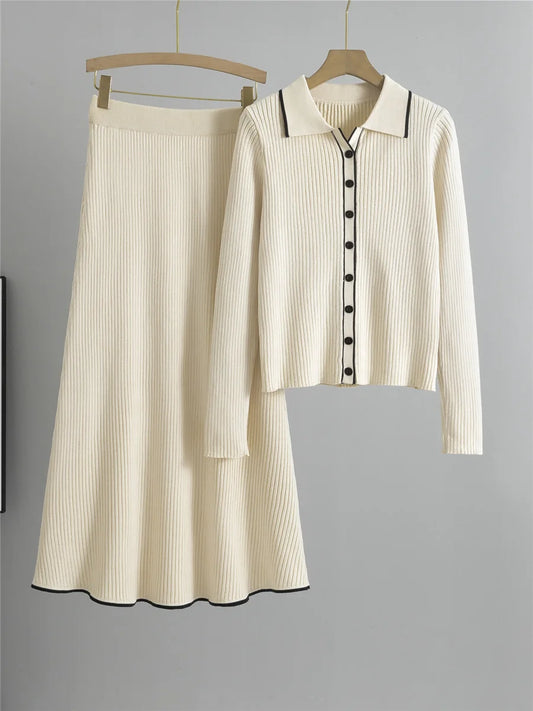 Knitted 2 Piece Sets Women Single Breasted Knit Sweater Cardigan Tops - High Waist Solid Skirts Outfit New