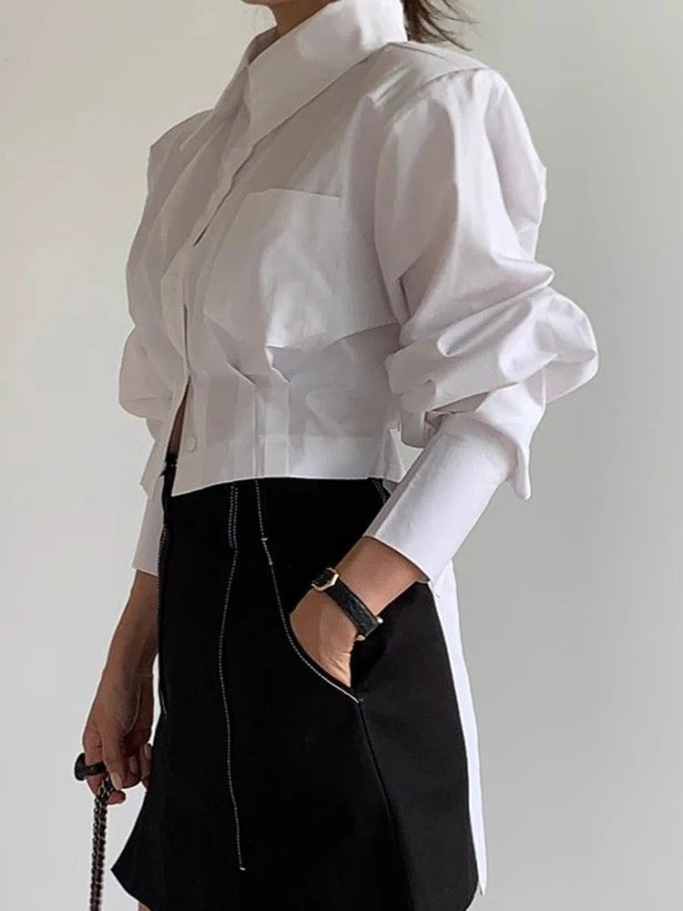 Cropped White Shirts for Women - Back Lace Up Design Blouse Vintage & Casual Long Sleeve